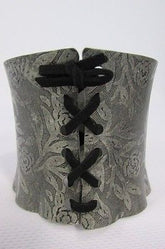 Women Silver Flowers Stamp Metal Corset Bracelet Fashion Jewelry Black Tie - alwaystyle4you - 2